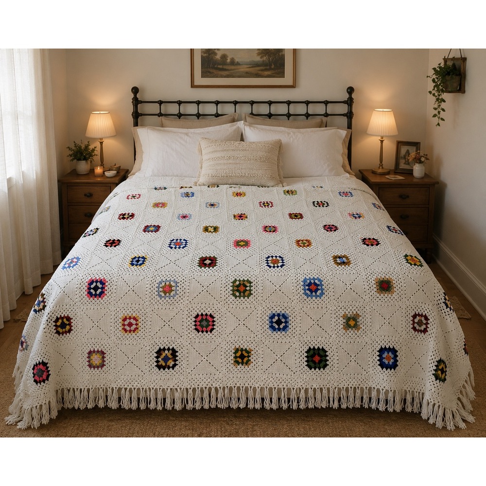 VTG Hand Crochet Granny Square Afghan Blanket 78x100 White Multi Fringe Cottage